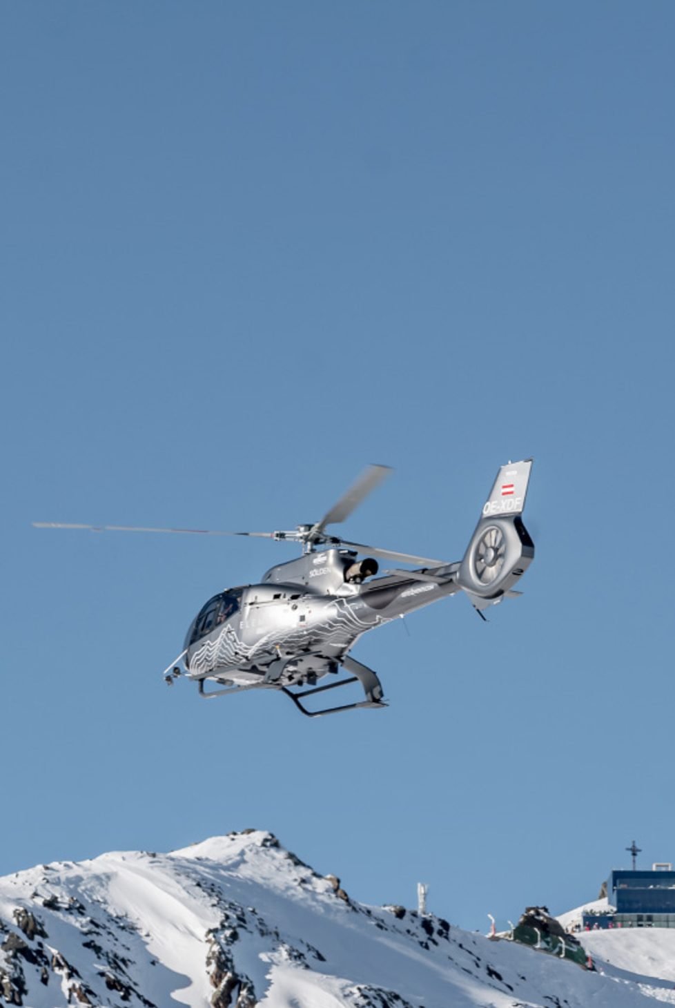 Helicopter over mountains in Solden for James Bond press trip