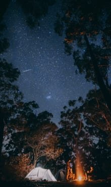 Campfire below starry sky