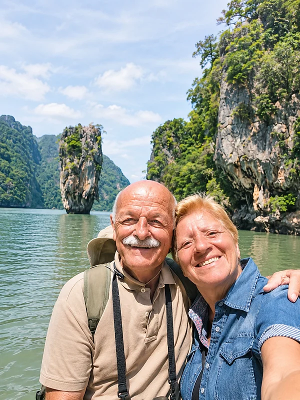 Two older travelers smiling beside a tropical bay